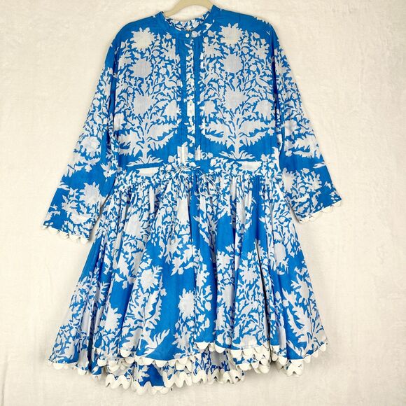 Juliet Dunn Floral Cotton Mini Dress Size 3 US 8-10 NWT Sapphire Blue Scalloped - Picture 3 of 11